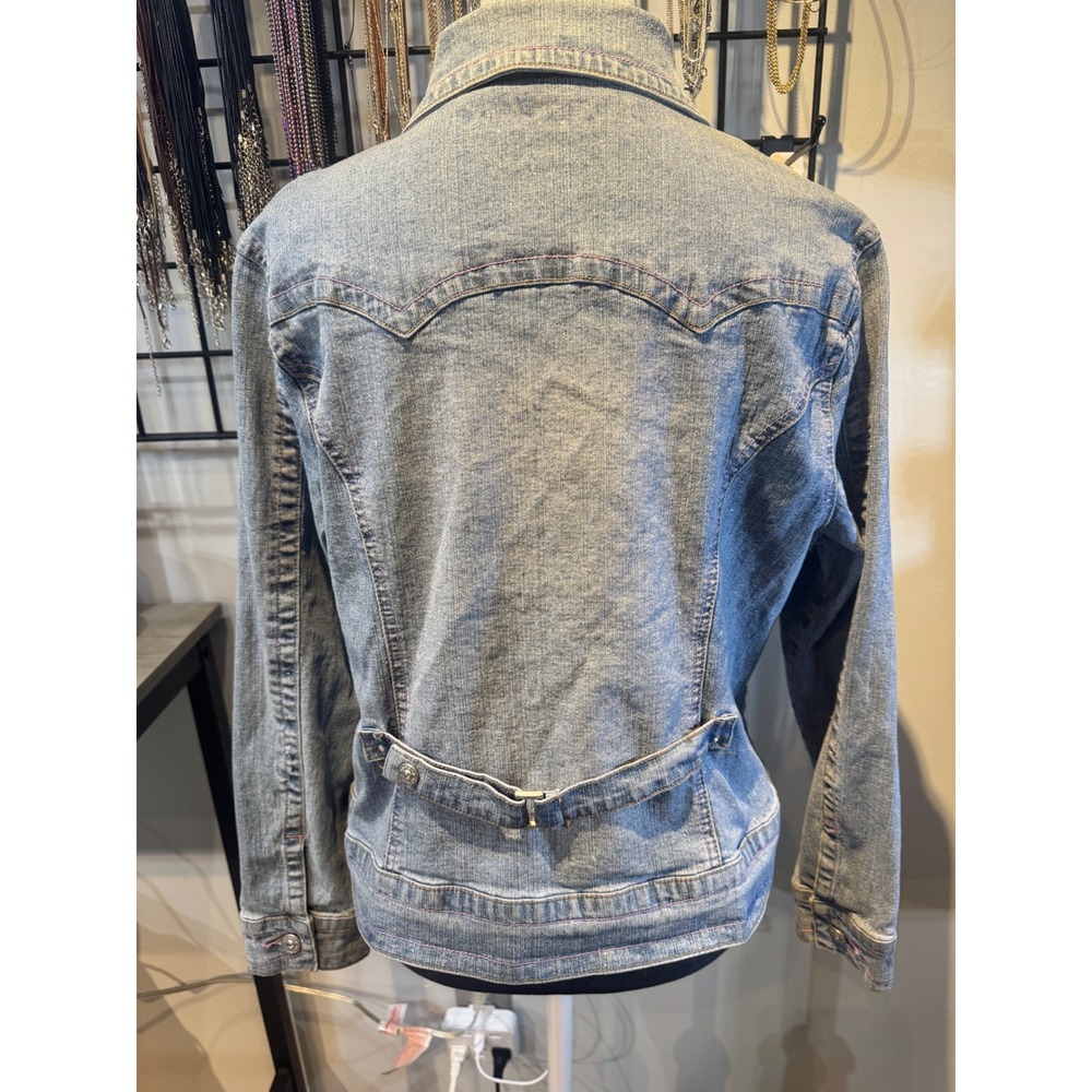 Arizona Jean Co Blue Denim Jacket Pink Contrast Stitching Cinch Back Rhinestone - Picture 5 of 9